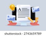 Content writing and blogging concept with desktop computer displaying document and image thumbnails for creative digital marketing. 3D vector illustration. Blogging, copywriting digital marketing