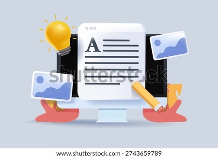 Content writing and blogging concept with desktop computer displaying document and image thumbnails for creative digital marketing. 3D vector illustration. Blogging, copywriting digital marketing