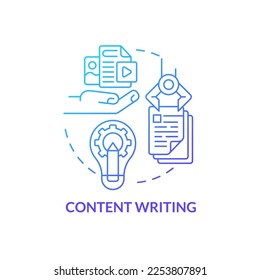 Content writing blue gradient concept icon. Natural language processing. AI algorithm in marketing abstract idea thin line illustration. Isolated outline drawing. Myriad Pro-Bold font used