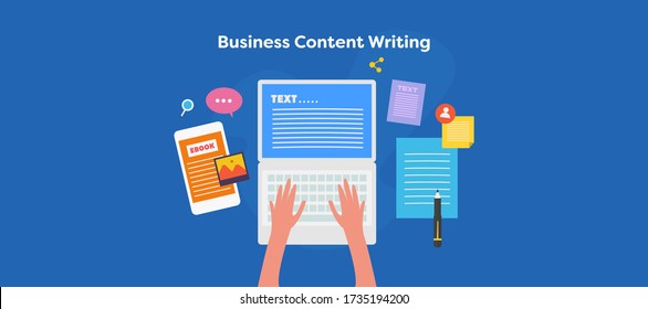 Content Writing, Business Content Development, Blogging, Blog Writing Skill, Online Writing -vector Illustration Isolated On Blue Background