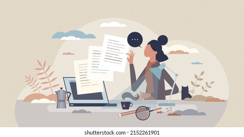 Content writing and creative text author as freelance job tiny person concept. Professional copywriter, editor or social media blog creation for advertising or publication sharing vector illustration. - Shutterstock ID 2152261901