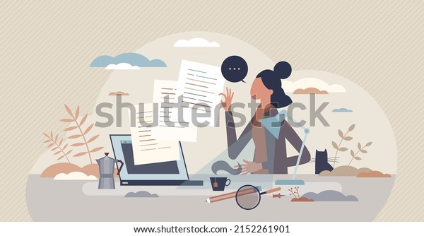 Content writing and creative text author as\
freelance job tiny person concept. Professional copywriter, editor\
or social media blog creation for advertising or publication\
sharing vector\
illustration.