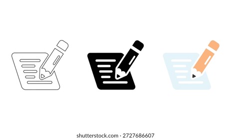 Línea de conjunto de iconos de escritura de contenido, edición de lápiz de documento sólido y colorido para proyectos creativos