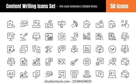 Content Writing line Icons Collection Set Of 50. Regular Icons Pack. Vector illustration eps 8