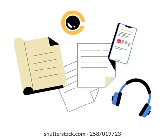 Content Writing With Notebook, Documents, Smartphone, And Headphones In Flat Vector Illustration Symbolizing Copywriting, Blogging, And Digital Content Creation, Isolated On White Background