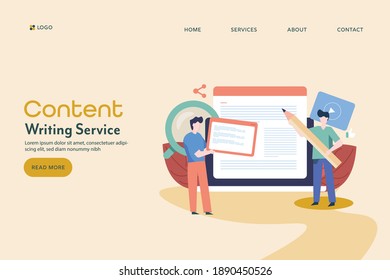 Content writing service, Content creation, Blogging, Online content publication - conceptual landing page template