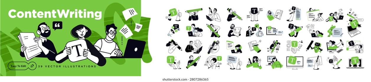 Content writing. Set of people vector illustrations in various activities of copywriting, content manager, social media, blogging, prompt engineering, AI content creation, business and marketing.