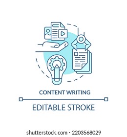 Content writing turquoise concept icon. Natural language processing. AI in marketing abstract idea thin line illustration. Isolated outline drawing. Editable stroke. Arial, Myriad Pro-Bold fonts used
