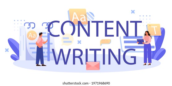 Content writing typographic header. Professional speaker or journalist write a speech for a public announcement. Copywriter creating text for media. Flat vector illustration