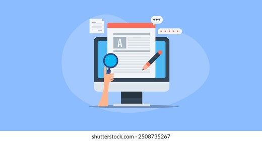 Content writing for website, Content research and development, Writing article, journal and publishing on blog, Blog content writing. Vector illustration background with icons