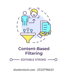 Ícone de conceito de várias cores de filtragem baseada em conteúdo. Publicidade personalizada. Controle de dados. Ilustração de linha de forma redonda. Ideia abstrata. Design gráfico. Artigo fácil de usar, postagem de blog