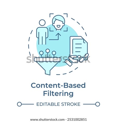 Content-based filtering soft blue concept icon. Personalized advertising. Data control. Round shape line illustration. Abstract idea. Graphic design. Easy to use article, blog post