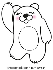 A contented bear smiles and waves its paw. Hand outline drawing isolated on a white background. Minimal Scandinavian style. Doodle coloring book for children. Print for t-shirts, cups, poster, banner