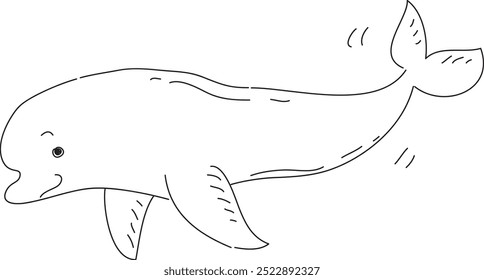 contented beluga, side view, hand drawn with black brush on white background