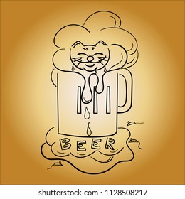 Contented cat in the beer. Mug with beer and foam. Mice. running to him. Text "BEER". Vector