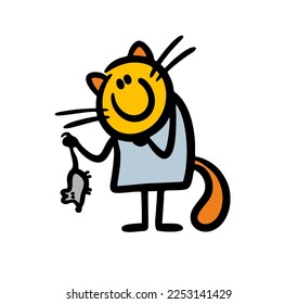 Contented cat holds a mouse by the tail and smiles insidiously. Vector illustration of stick figure domestic animals.