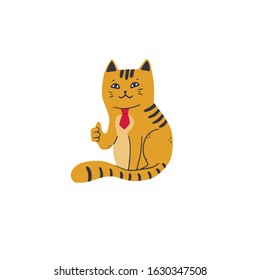 
Contented cat in a red tie shows thumb up. Vector illustration in simple cartoon style