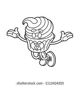 Contented cupcake sticker. Line dark. Cartoon sticker in comic style with contour. Decoration for greeting cards, posters, patches, prints for clothes, emblems. Modern flat style vector illustration
