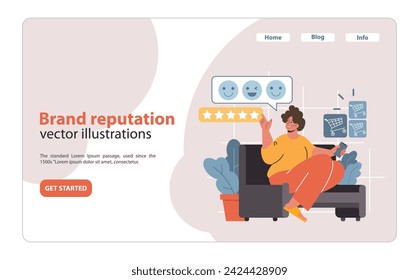 A contented customer gives a five-star rating on her phone, reflecting the high brand reputation built through strategic native advertising and positive user experiences.