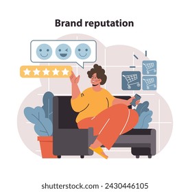 A contented customer gives a five-star rating on her phone, reflecting the high brand reputation built through strategic native advertising and positive user experiences.