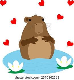 A contented cute capybara with red hearts enjoys a peaceful moment while swimming in a lake with lilies