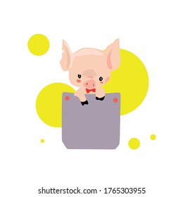 A contented cute pig in a blue denim pocket with a red Bank around its neck and a background Vector illustration