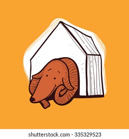 Contented dog is in the booth. Vector illustration.