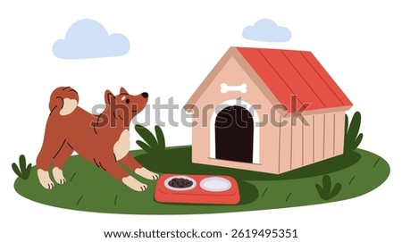 Contented dog eats food near booth in countryside. Vector concept Doggy kennel with feeder bowl. Happy pet. Domestic animal in house yard. Care of puppy. Village doghouse