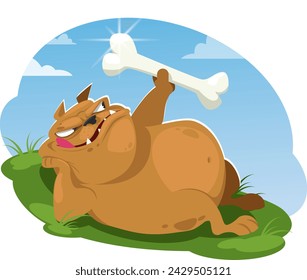 Contented dog is lying on grass holding large white bone, pet is about to have delicious meal. Stock vector illustration