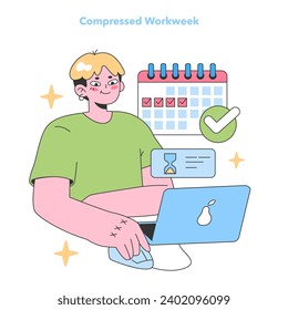 Contented employee with a laptop enjoys a compressed workweek, marking his calendar. Achieving work-life balance through flexible schedules. Flat vector illustration.