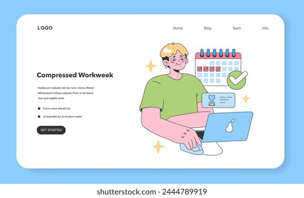 Contented employee with a laptop enjoys a compressed workweek, marking his calendar. Achieving work-life balance through flexible schedules. Flat vector illustration.