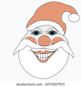 the contented face of Santa Claus, smiling, showing his teeth. He has a red cap on his head, a light gray beard, and a round red nose in the center of his face. Close-up vector image.