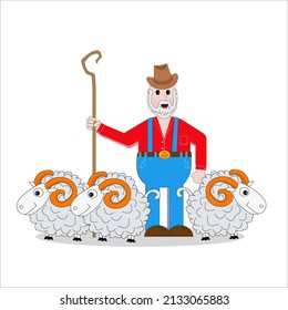 A contented farmer in a red  shirt and blue overalls is tending a herd of cattle