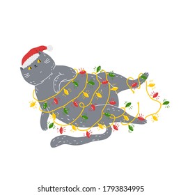 A contented fat gray cat in a santa hat is entangled in a Christmas tree garland. A bright, fun print with a cute funny cat is a great print for a T-shirt, hoodie, and other clothing.