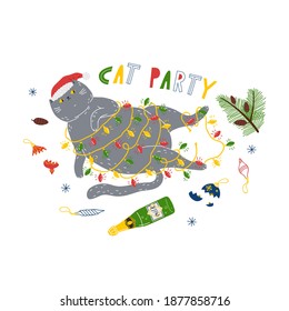 A contented fat gray cat in a santa hat is entangled in a Christmas tree garland. A bright, fun print with a cute funny cat is a great print for a T-shirt, hoodie, and other clothing.