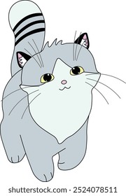 a contented gray kitten with a striped tail walks forward, easy to edit, stock vector