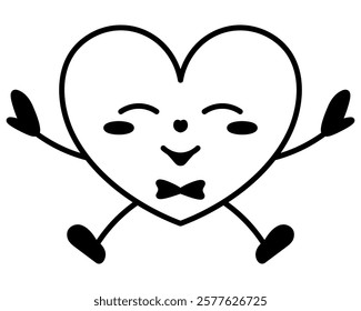 Contented heart shape character. Young man in love symbol shape squints and jumps. Smile on face, bow tie, arms to sides. Sketch. Vector illustration. Joyful emotions. Doodle style. Coloring book.