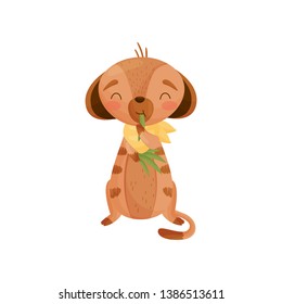 Contented humanized ground squirrel eats grass. Vector illustration on white background.