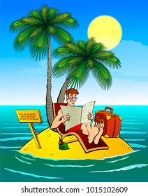 Contented man reads a newspaper on a tiny uninhabited island in the ocean. Palm trees, chaise longue, suitcase, a bottle of alcohol, a plate with Please do not disturb.