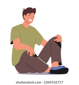 Contented Man Sits Comfortably On The Floor, His Face Adorned With A Warm, Genuine Smile, Radiating Happiness And Relaxation. Cheerful Seated Male Character. Cartoon People Vector Illustration