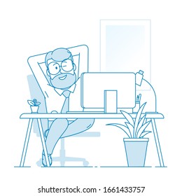 A contented man sits comfortably stretched out in an armchair. A man winks pleased with his work. Modern comfortable office. Character - a man with a beard and glasses. Vector in line art style