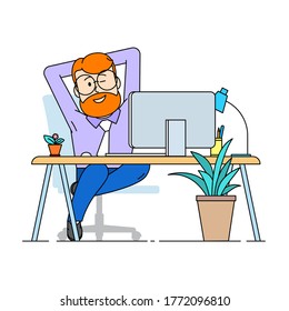 A contented man sits comfortably stretched out in an armchair. A man winks pleased with his work. Modern comfortable office. Character - a man with a beard and glasses. Vector in flat style