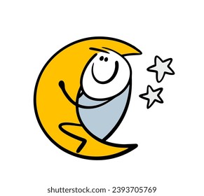 Contented man is sitting on the moon in space surrounded by stars. Vector illustration of a stickman dreaming and achieving the impossible. Isolated doodle person on white background.