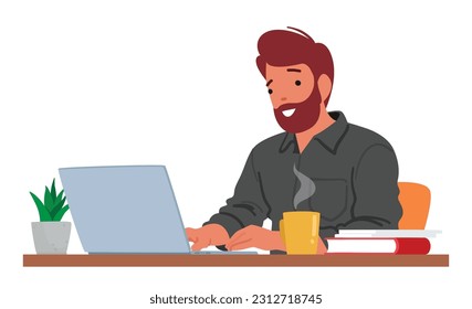 Contented Man Typing On Laptop, Displaying A Relaxed Demeanor And A Satisfied Expression, Male Character Indicating A Sense Of Fulfillment And Accomplishment. Cartoon People Vector Illustration