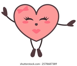 Contented pink character in the shape of a heart. Female symbol of love closes eyes and jumps on tiptoes, spreading arms to the sides. Enthusiastic smile on face, decoration bow, eyelashes.