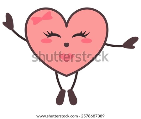 Contented pink character in the shape of a heart. Female symbol of love closes eyes and jumps on tiptoes, spreading arms to the sides. Enthusiastic smile on face, decoration bow, eyelashes.