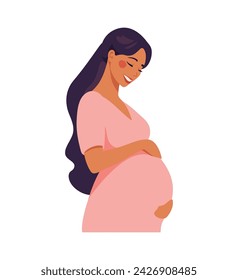 A contented pregnant woman in a pink dress tenderly holds her belly, a moment of maternal bonding and anticipation. Flat cartoon vector illustration.