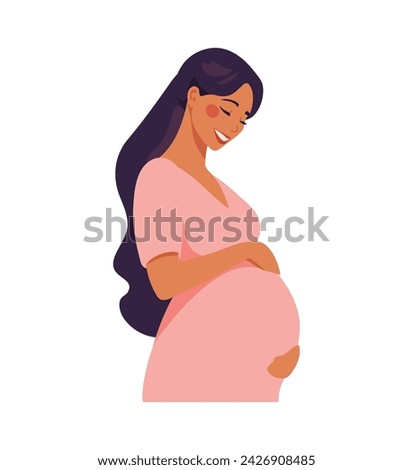 A contented pregnant woman in a pink dress tenderly holds her belly, a moment of maternal bonding and anticipation. Flat cartoon vector illustration.