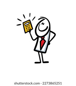 Contented rich businessman in an office suit calculates income on a calculator. Vector illustration of the accountant  stickman at work.