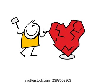 Contented sculpture man makes  work of art in  shape of heart. Vector illustration of  worker hitting  hammer, artist creating  masterpiece. A gift for  lover on Valentine's day. Isolate on white.